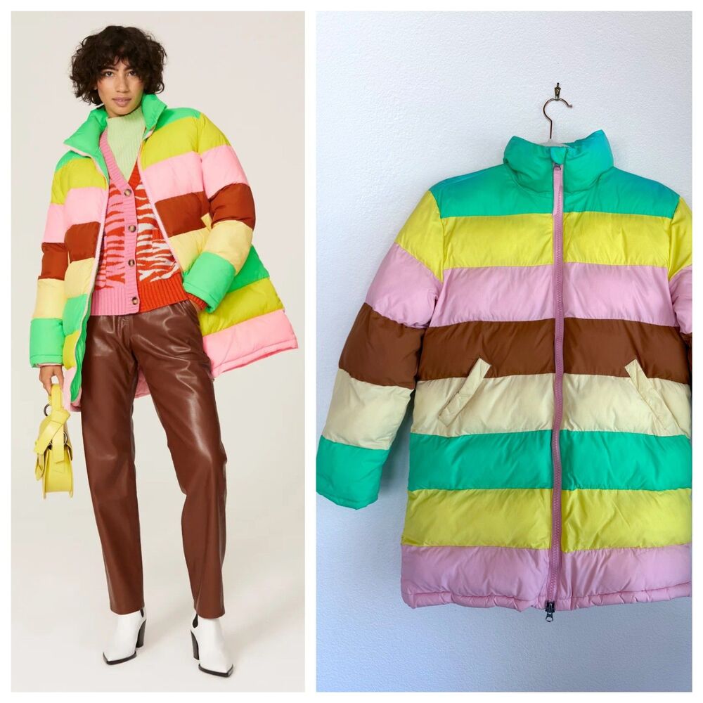 Rachel Antonoff Terry Pink, Yellow, Teal Colorblock Stripe Puffer Coat Size XS